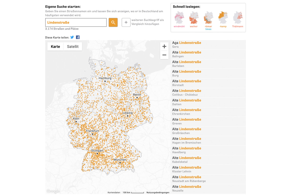 Deutsche Straßennamen in der Datenbank der ZEIT